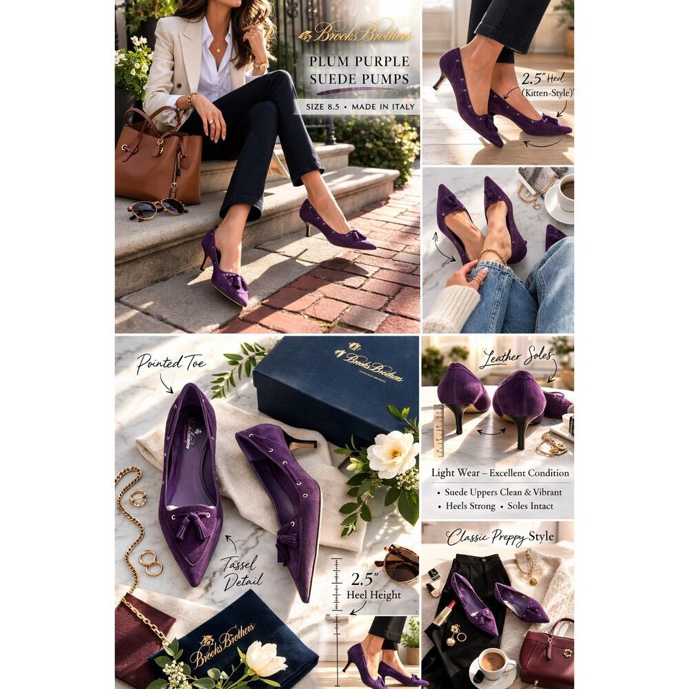 Brooks Brothers Plum Purple Suede Low Kitten Heel Pumps Tassel Pointed Toe 8.5